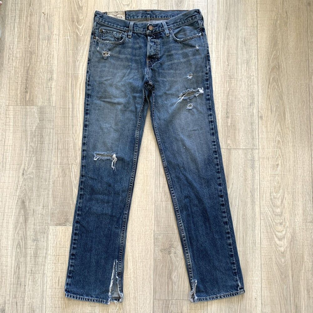Hollister Classic Straight Leg Distressed Denim Blue Jeans Button Fly Mens 32x32